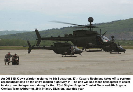 An OH-58D Kiowa Warrior assigned to 6th Squadron, 17th Cavalry Regiment, takes off to perform aeronautical tests on the units maiden flight May 31. The unit will use these helicopters to assist in air-ground integration training for the 172nd Stryker Brigade Combat Team and 4th Brigade Combat Team (Airborne), 25th Infantry Division, later this year.